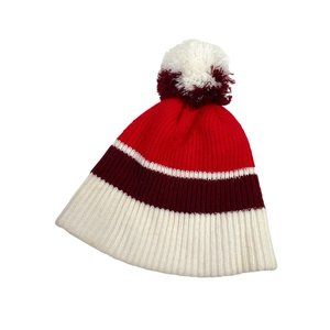 Vintage Striped Ski Snow Beanie Warm Knit- Pom Pom- Red White